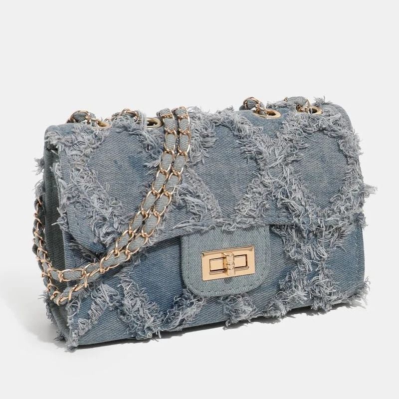 Trendy Shredded Denim Diamond Crossbody Chain Bag 1