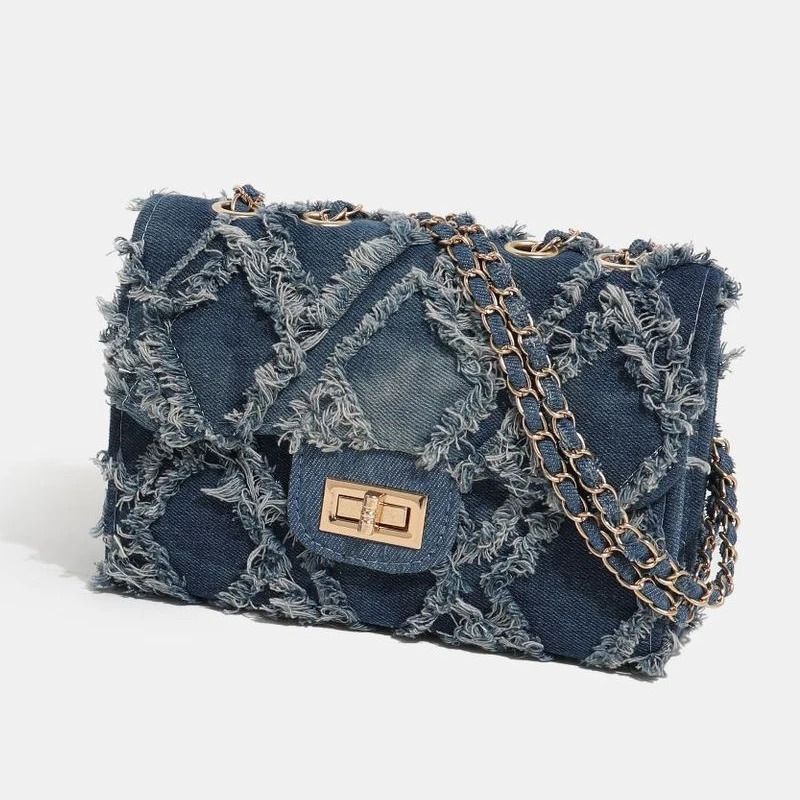 Trendy Shredded Denim Diamond Crossbody Chain Bag 2