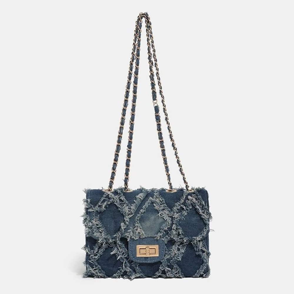 Trendy Shredded Denim Diamond Crossbody Chain Bag 3