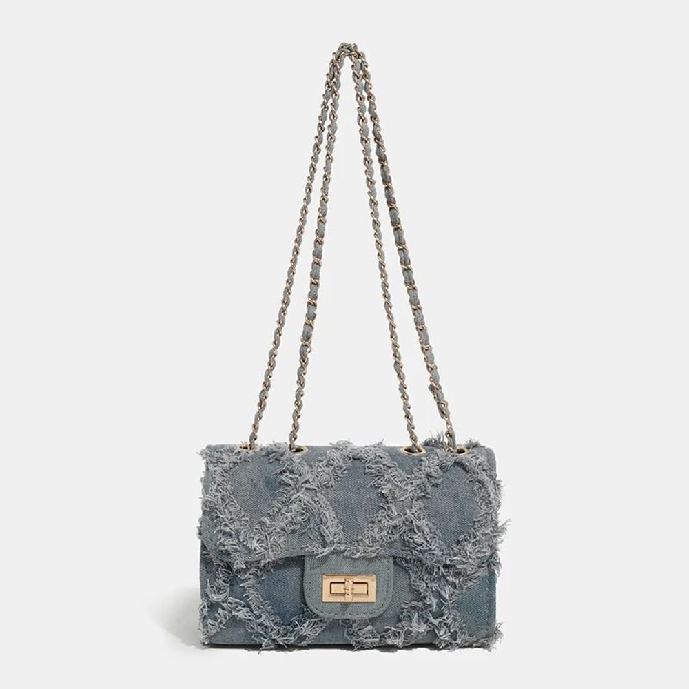 Trendy Shredded Denim Diamond Crossbody Chain Bag 4