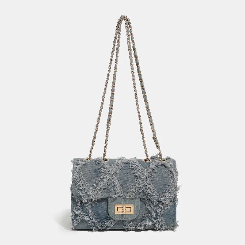 Trendy Shredded Denim Diamond Crossbody Chain Bag 4