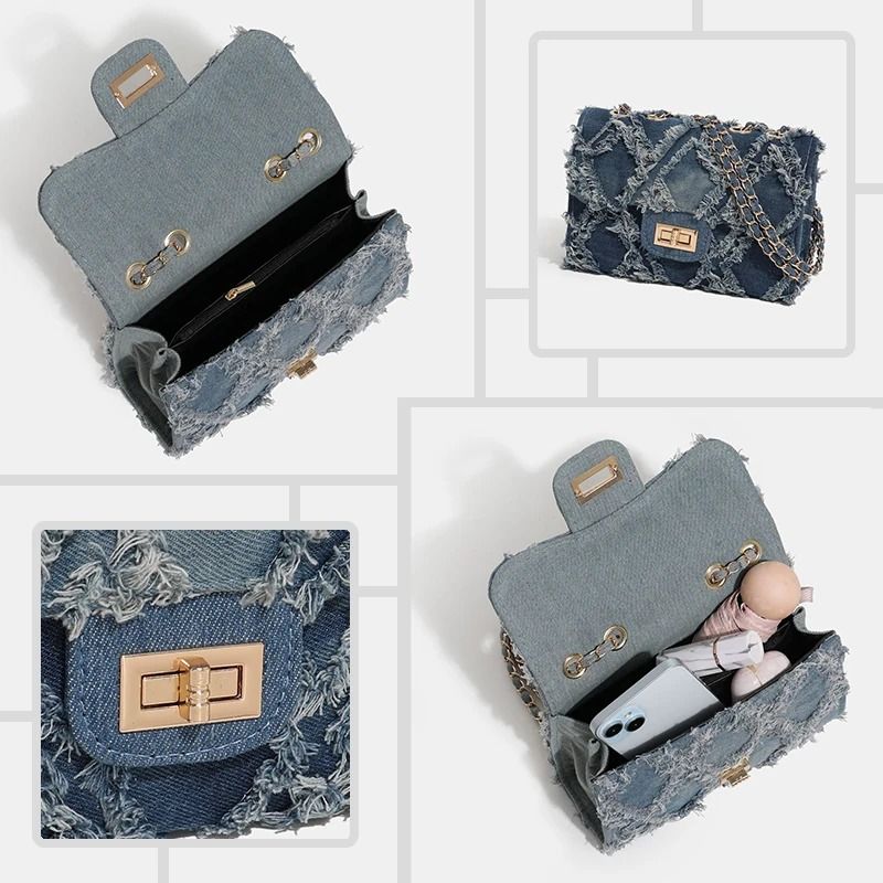 Trendy Shredded Denim Diamond Crossbody Chain Bag 5