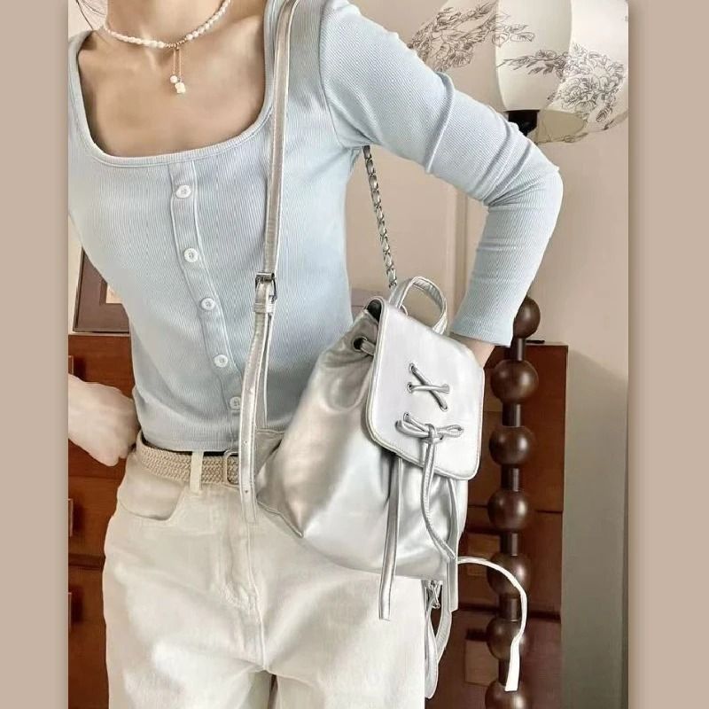 Simple Trendy PU Leather Backpack With Bowknot Detail 1