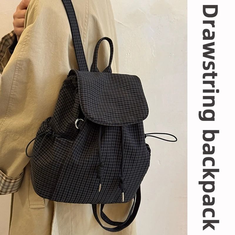 Lightweight Checkered Nylon Drawstring Backpack 1