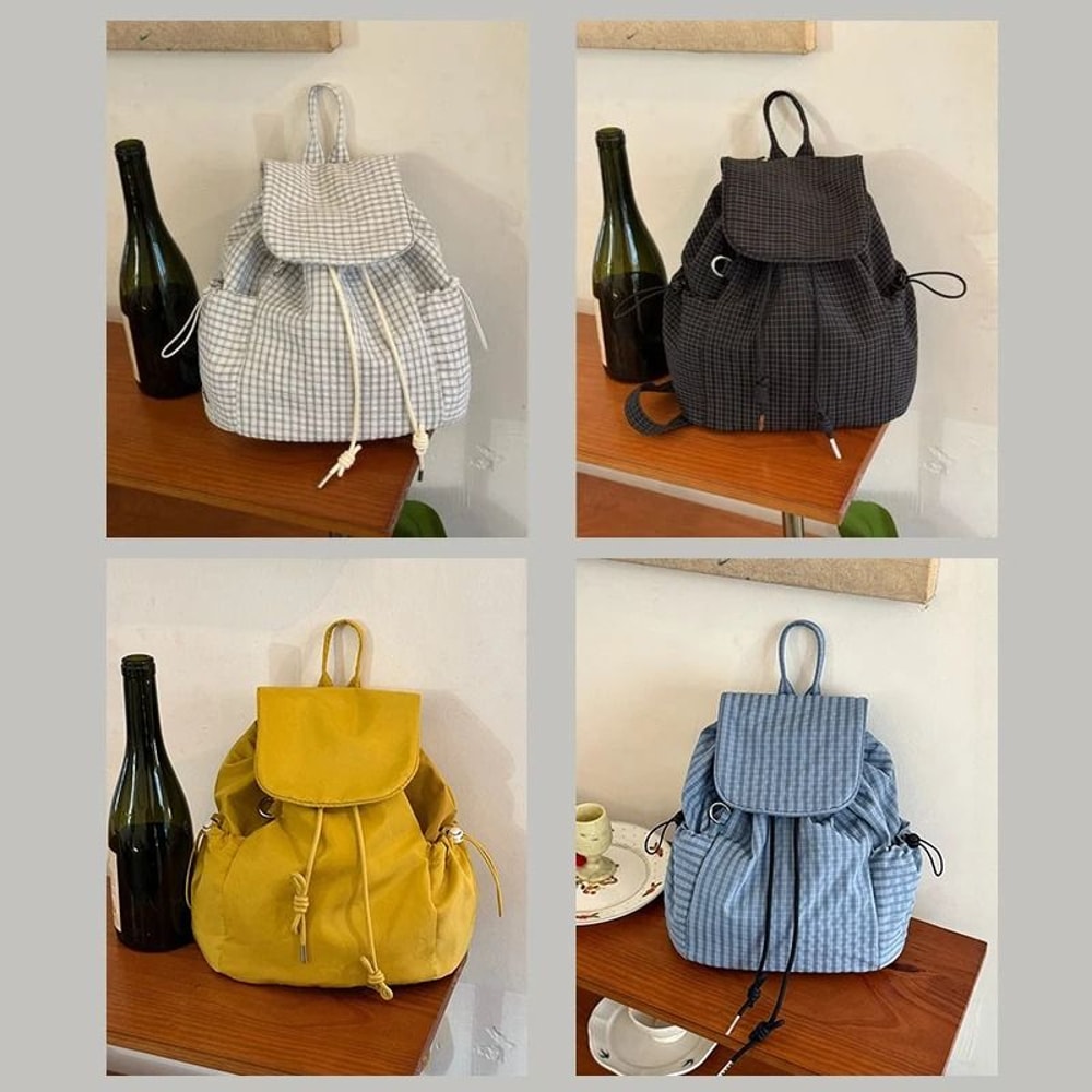 Lightweight Checkered Nylon Drawstring Backpack 2