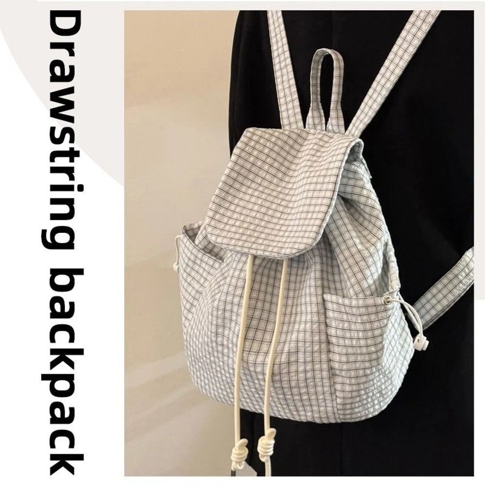 Lightweight Checkered Nylon Drawstring Backpack 3