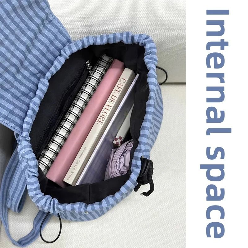 Lightweight Checkered Nylon Drawstring Backpack 6