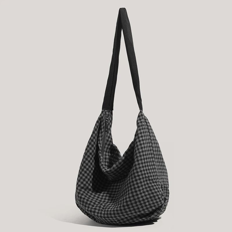 Commuting LargeCapacity Canvas And Checkered Nylon Tote Bag 3