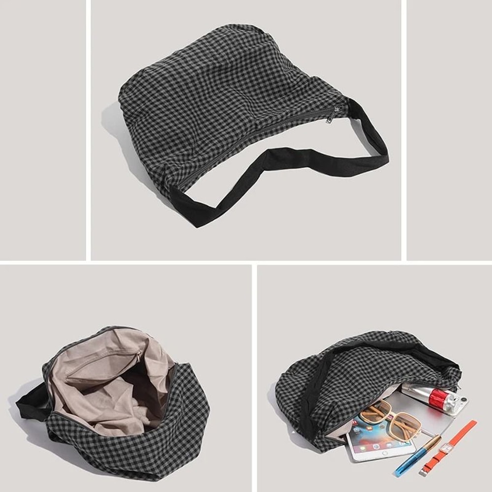 Commuting LargeCapacity Canvas And Checkered Nylon Tote Bag 5