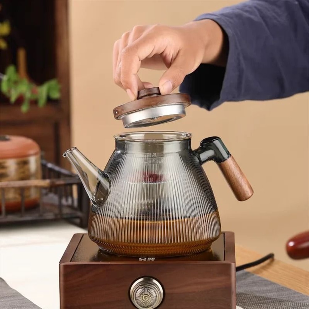 Stripe High Borosilicate Glass Teapot Walnut Handle 4