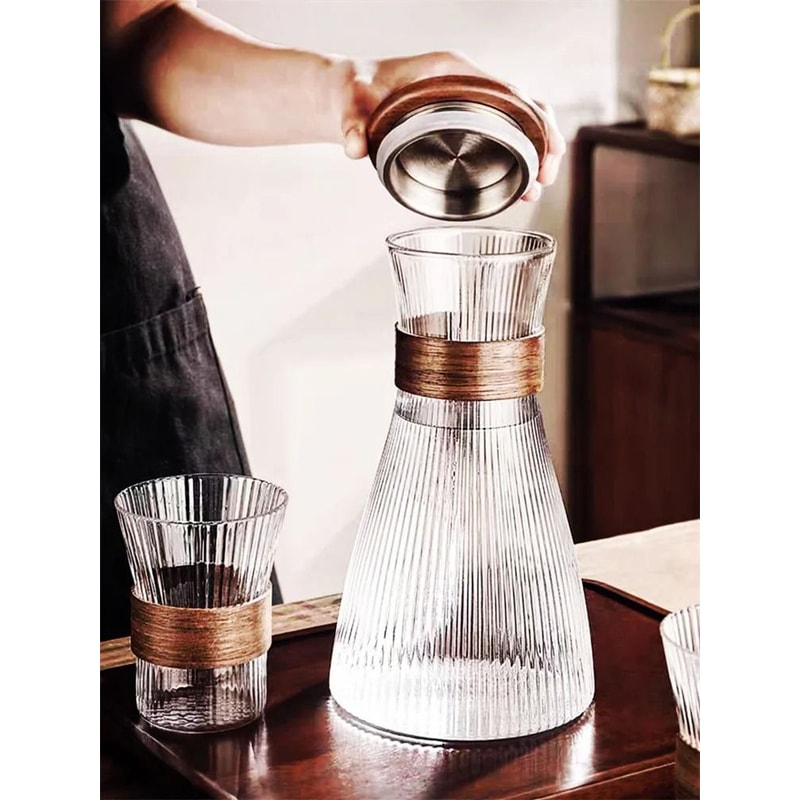 Japanese Style Glass Cold Water Jug With Walnut Sleeve 2