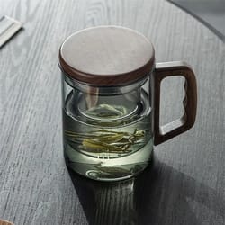 walnut wooden handle glass tea cup with infuser and filter
