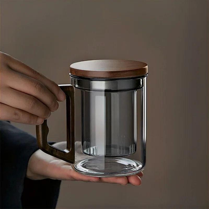 Walnut Wooden Handle Glass Tea Cup With Infuser And Filter 1