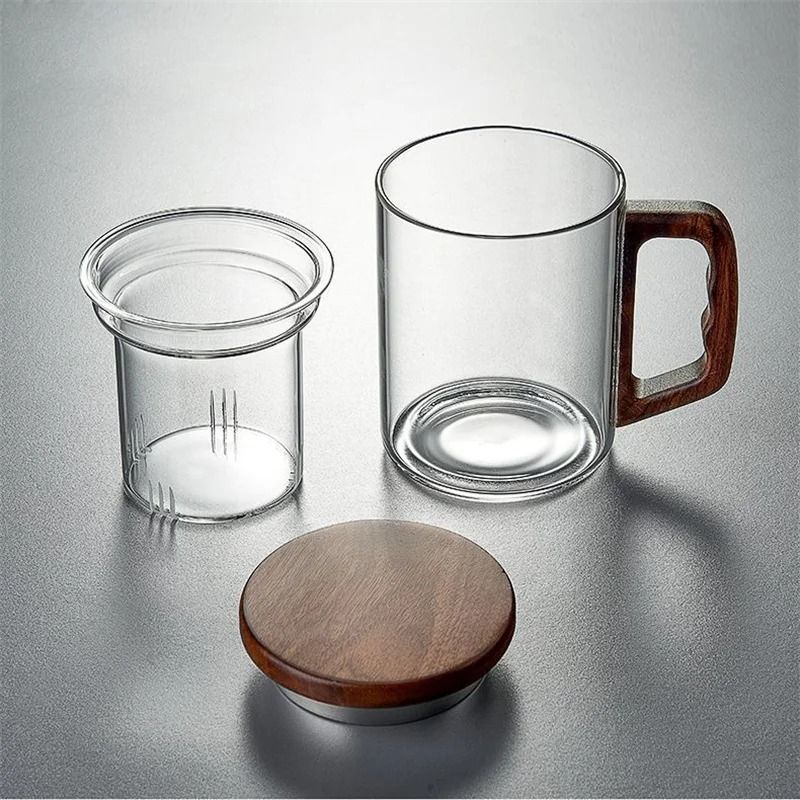 Walnut Wooden Handle Glass Tea Cup With Infuser And Filter 3