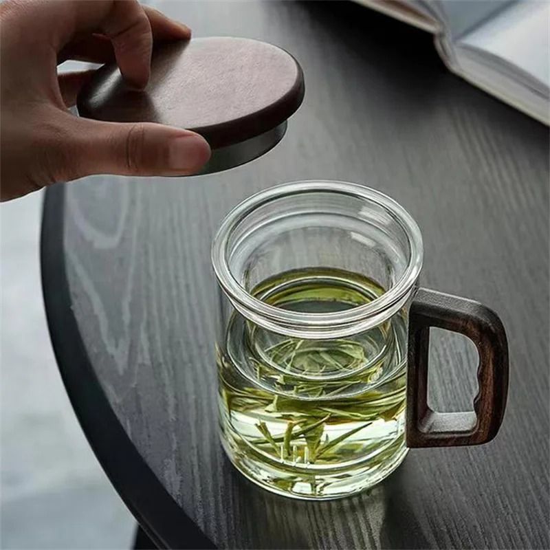 Walnut Wooden Handle Glass Tea Cup With Infuser And Filter 4