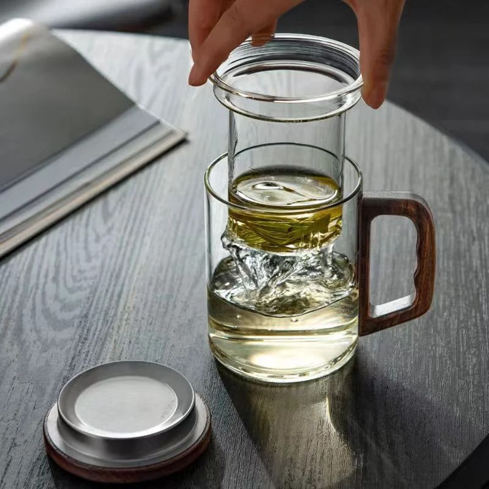 Walnut Wooden Handle Glass Tea Cup With Infuser And Filter 5