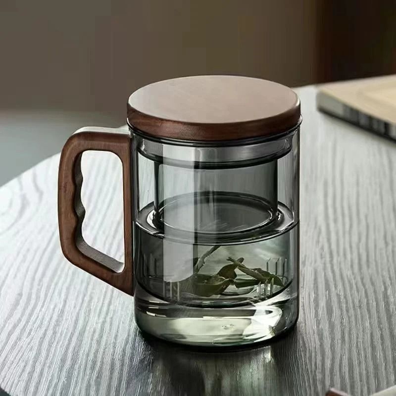 Walnut Wooden Handle Glass Tea Cup With Infuser And Filter 7