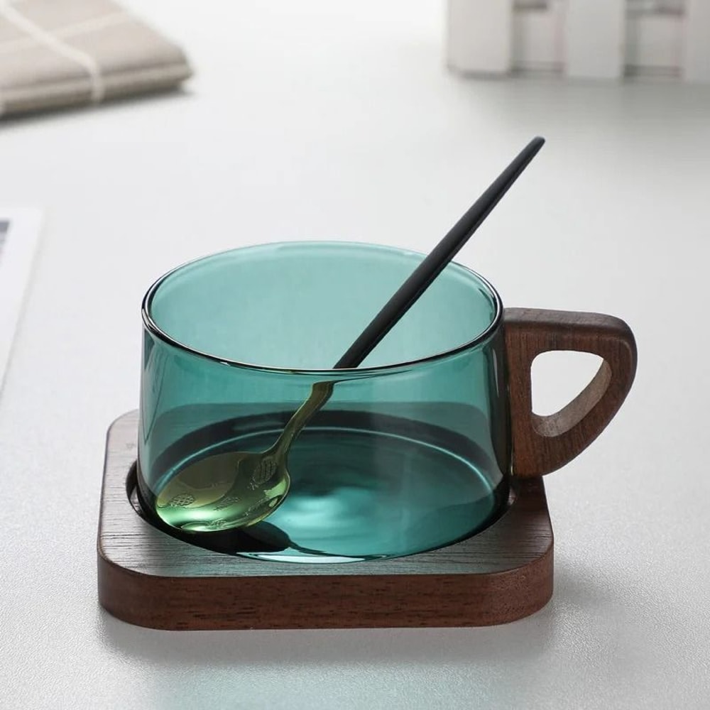 Glass American Latte Coffee Cup With Wooden Tray 12