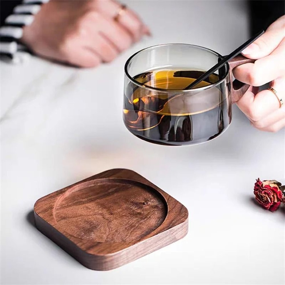 Glass American Latte Coffee Cup With Wooden Tray 2
