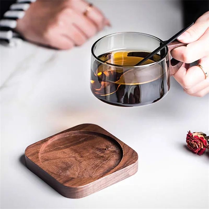 Glass American Latte Coffee Cup With Wooden Tray 2