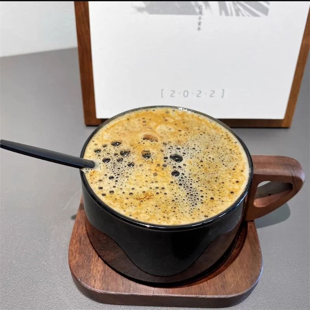 Glass American Latte Coffee Cup With Wooden Tray 4