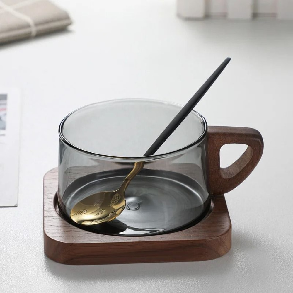 Glass American Latte Coffee Cup With Wooden Tray 5