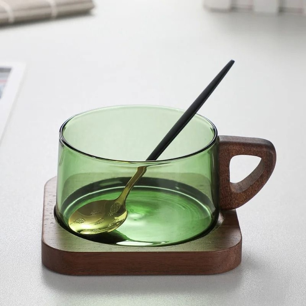 Glass American Latte Coffee Cup With Wooden Tray 14
