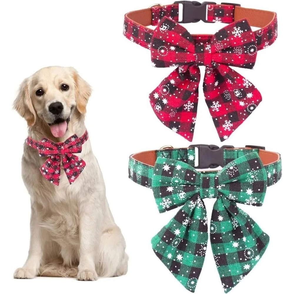 Christmas Dog Collar With Classic Plaid Bow Tie 0