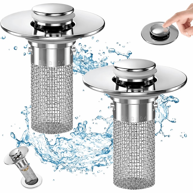 PopUp Bathroom Sink Drain Strainer With Removable Stainless Steel Hair Catcher And Drain Stopper 0