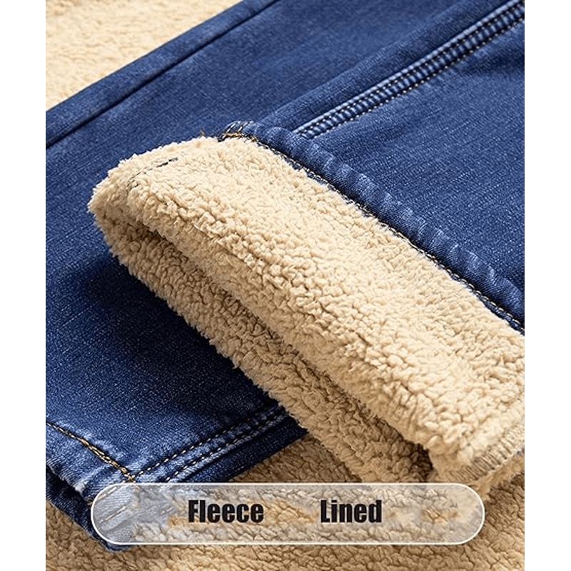 Winter Fleece Lined Denim Pants For Men Warm High Waist Straight Fit 1