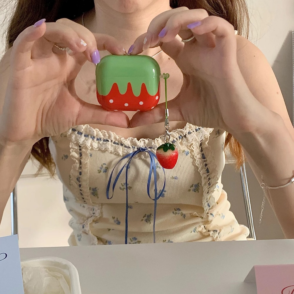 Professional High Grade Red Strawberry Series Protective Suite And Polka Dot Pattern Lanyard Case F 3