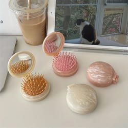 professional high stability marble patterned air cushion hair comb and integrated precision travel mirror