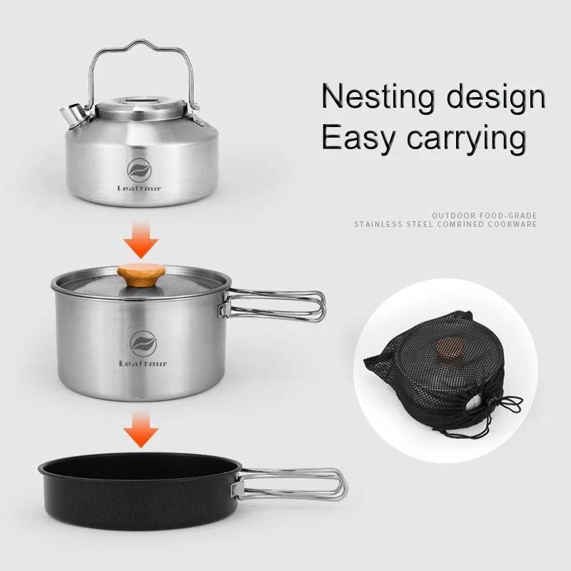 Professional Stainless Steel Camping Cookware Set With Kettle 4
