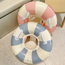 vintage striped inflatable swimming ring – durable pvc pool float with handles for kids