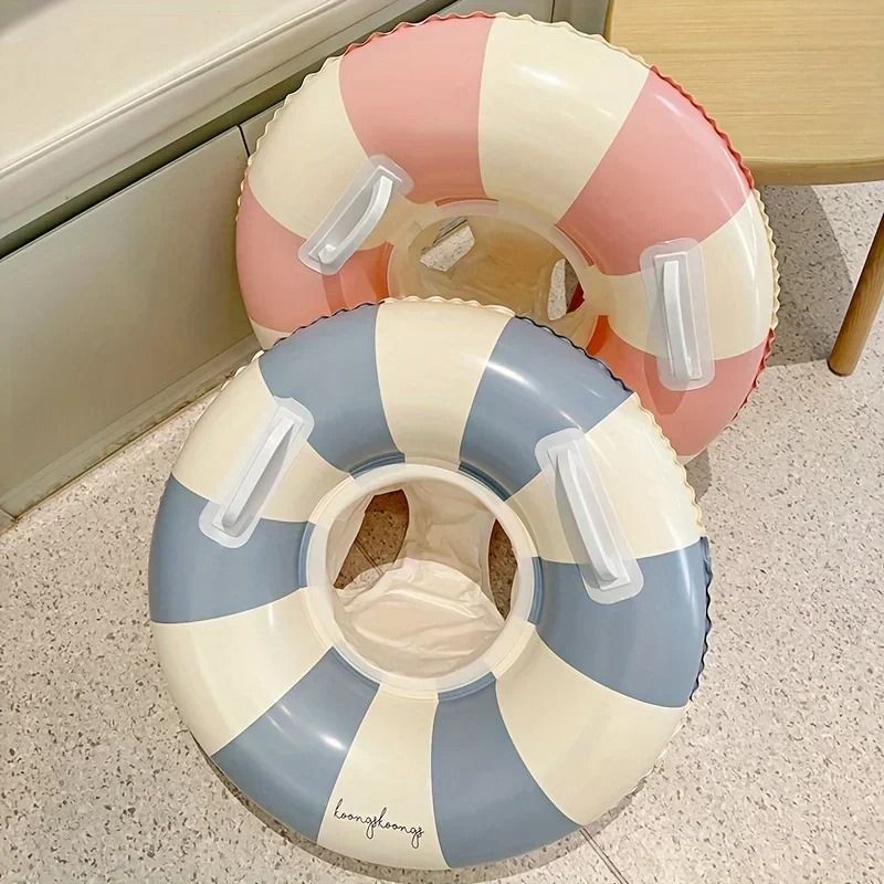 Vintage Striped Inflatable Swimming Ring Durable PVC Pool Float With Handles For Kids 0