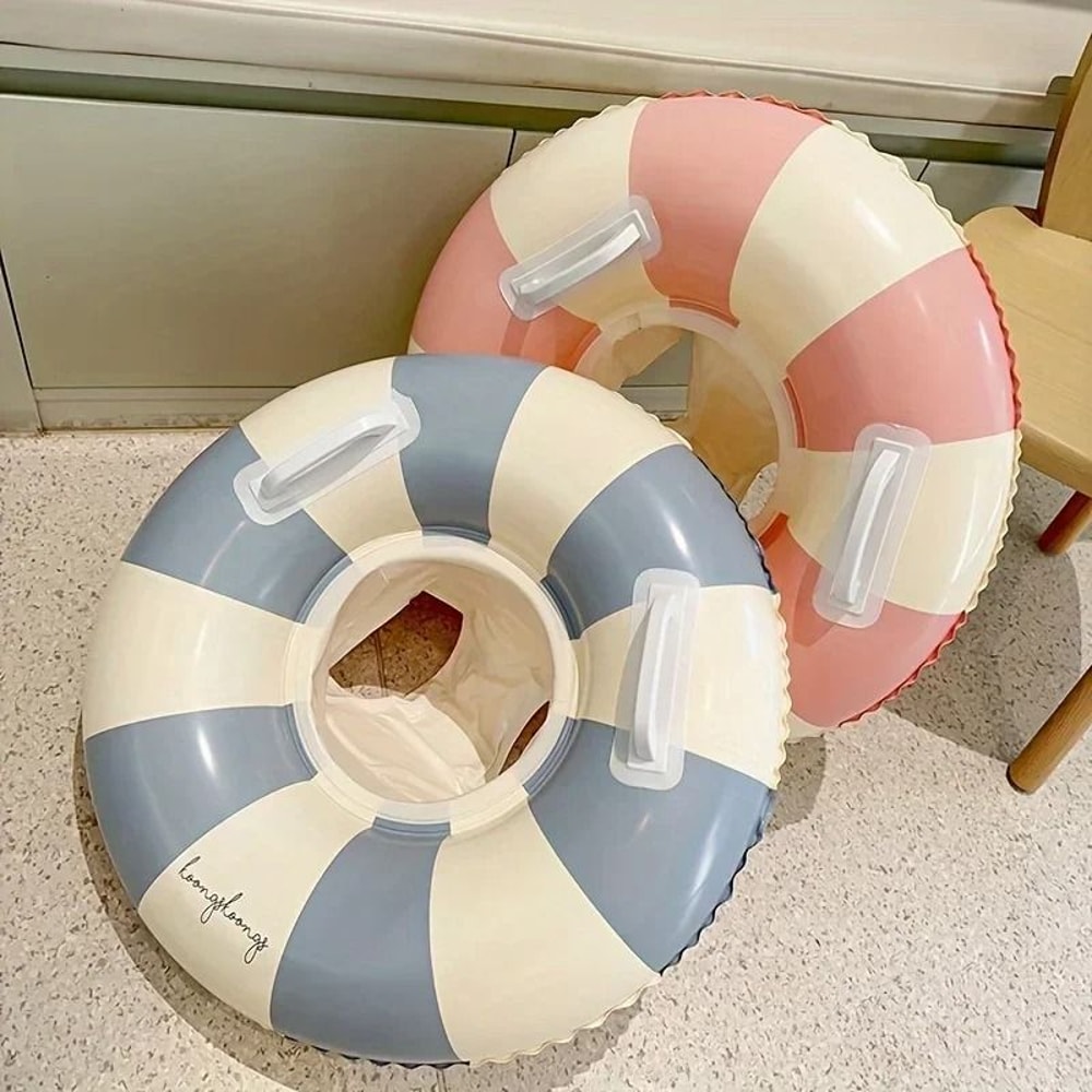 Vintage Striped Inflatable Swimming Ring Durable PVC Pool Float With Handles For Kids 2