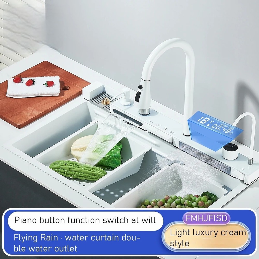 White Nano Stainless Steel Kitchen Sink Double Waterfall Smart Digital Display Set 0