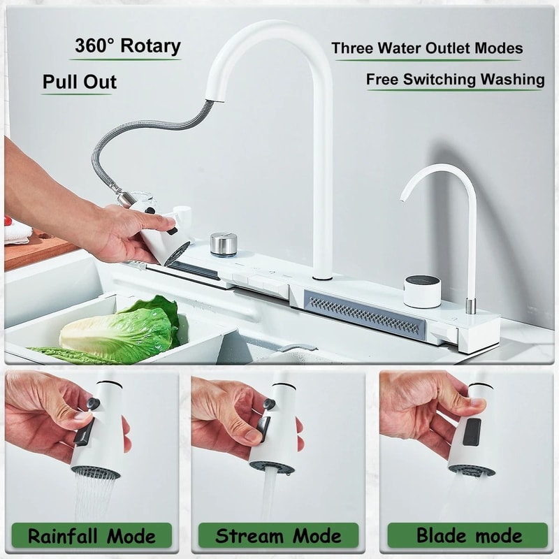 White Nano Stainless Steel Kitchen Sink Double Waterfall Smart Digital Display Set 2