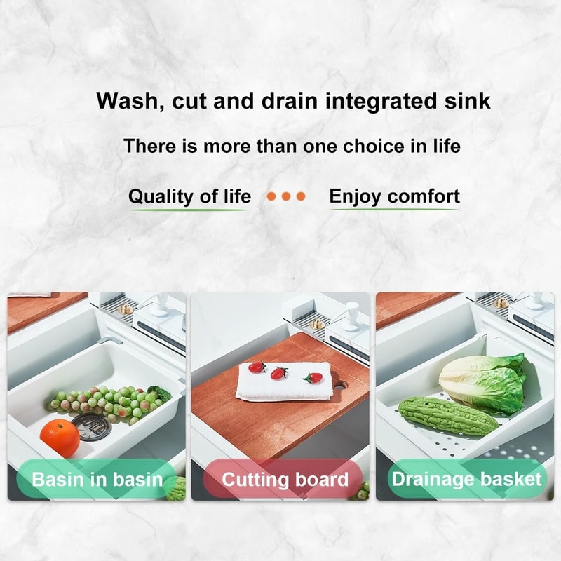 White Nano Stainless Steel Kitchen Sink Double Waterfall Smart Digital Display Set 3