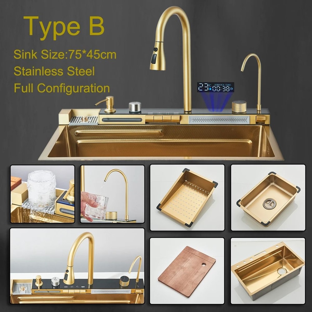 White Nano Stainless Steel Kitchen Sink Double Waterfall Smart Digital Display Set 8