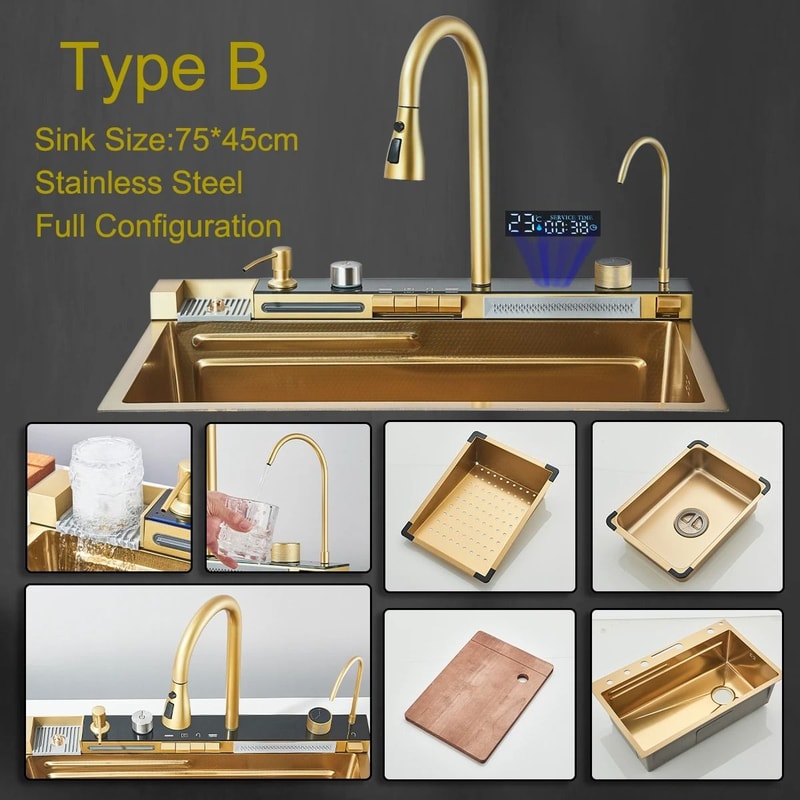 White Nano Stainless Steel Kitchen Sink Double Waterfall Smart Digital Display Set 8