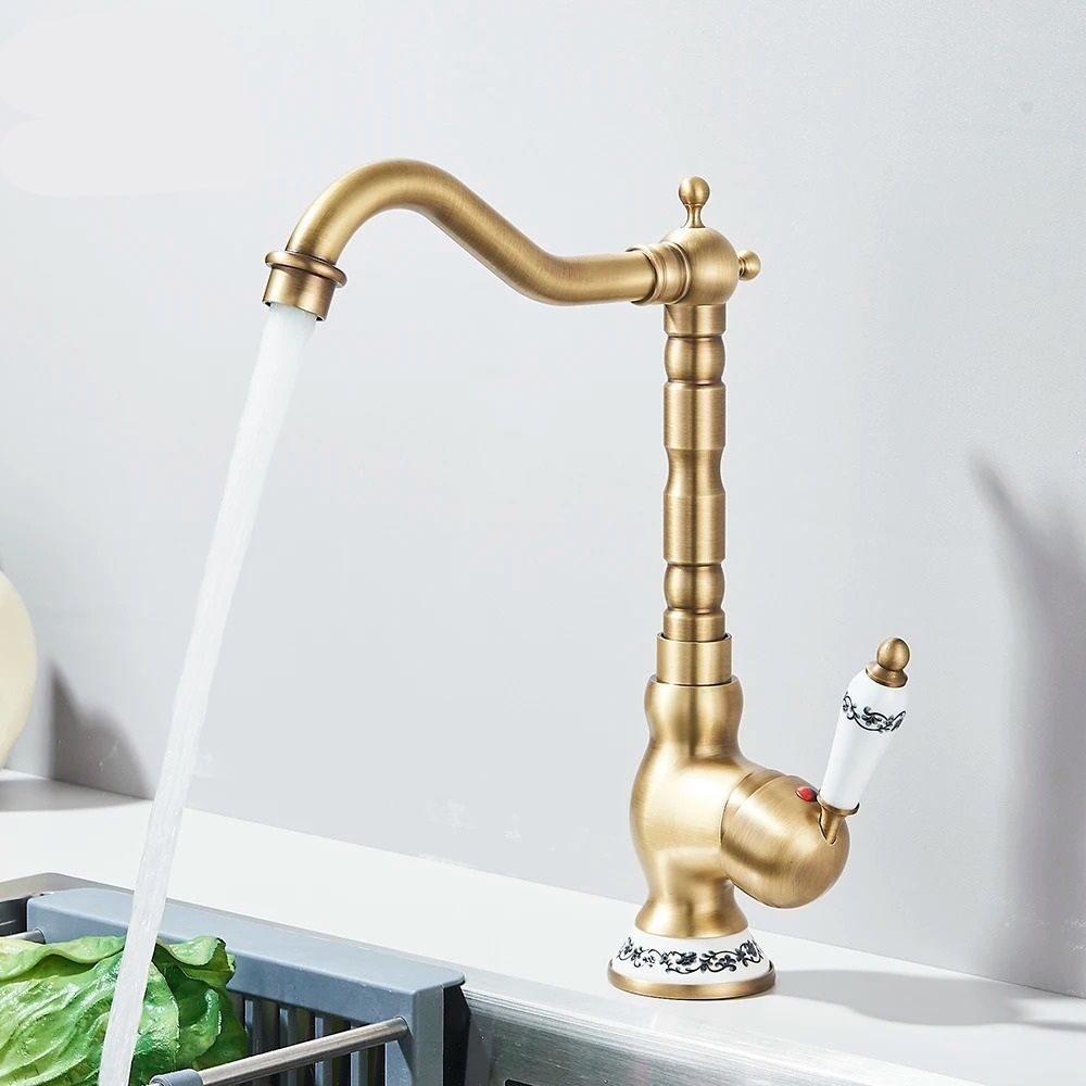 Retro Brass Antique Bronze Kitchen Faucet Deck Mounted Single Handle Mixer 11