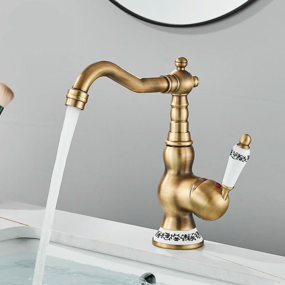 Retro Brass Antique Bronze Kitchen Faucet Deck Mounted Single Handle Mixer 7