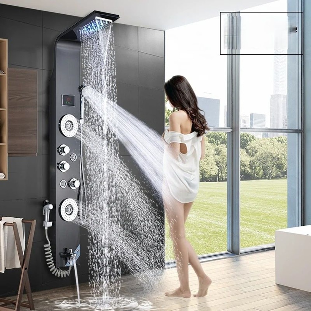 Black LED Light Shower Panel System Modern Waterfall SPA Massage Column 0