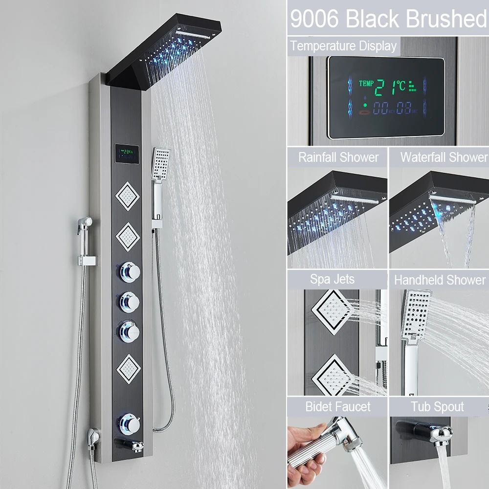 Black LED Light Shower Panel System Modern Waterfall SPA Massage Column 13