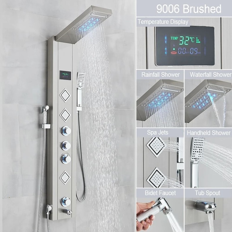 Black LED Light Shower Panel System Modern Waterfall SPA Massage Column 14