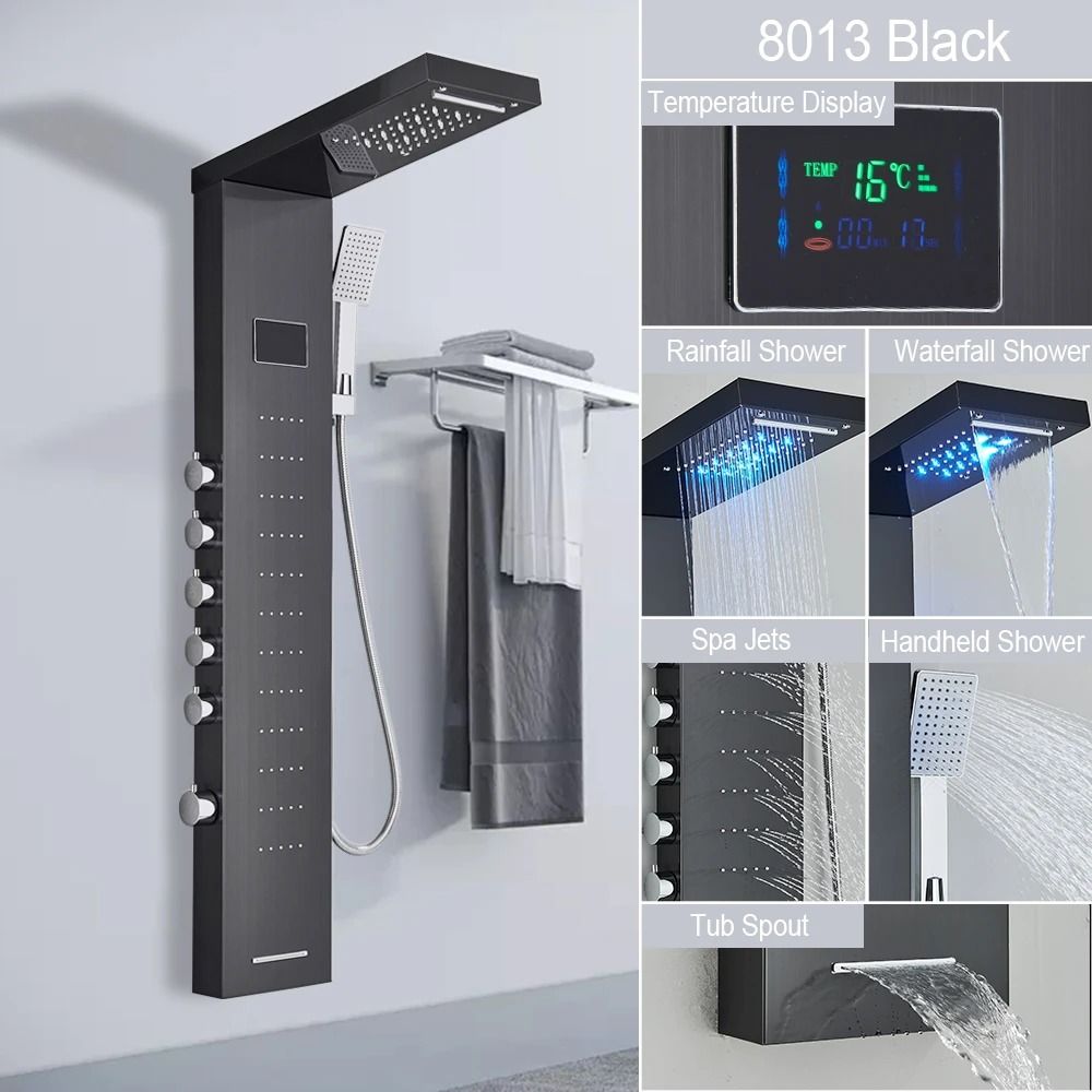 Black LED Light Shower Panel System Modern Waterfall SPA Massage Column 15