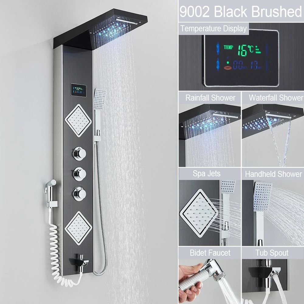 Black LED Light Shower Panel System Modern Waterfall SPA Massage Column 16