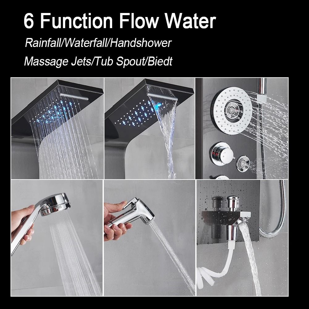 Black LED Light Shower Panel System Modern Waterfall SPA Massage Column 1