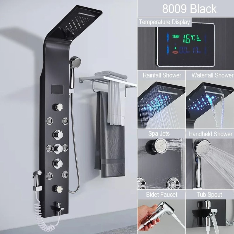 Black LED Light Shower Panel System Modern Waterfall SPA Massage Column 8